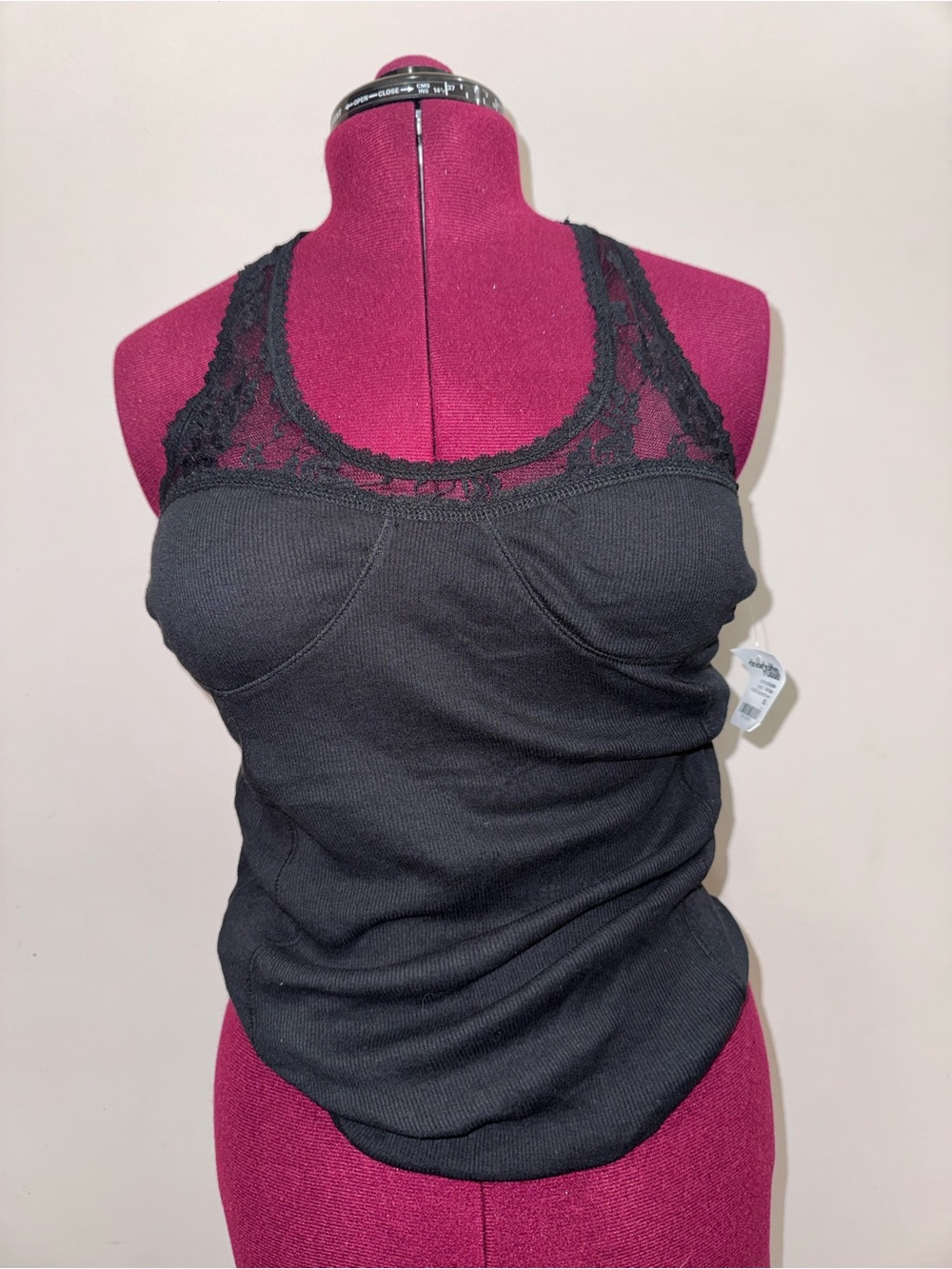 Vintage Charlotte Russe Black Lace-Trim Ribbed Tank Top